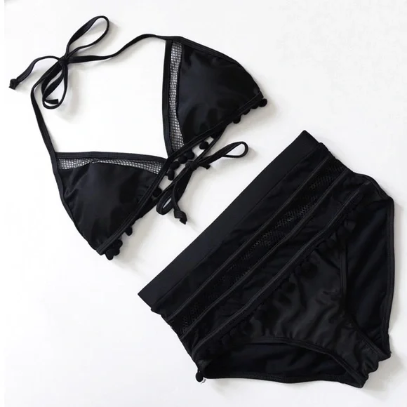 SOLD OUT Black Pompom Mesh High Waist Halter Bikini - Picture 2 of 6